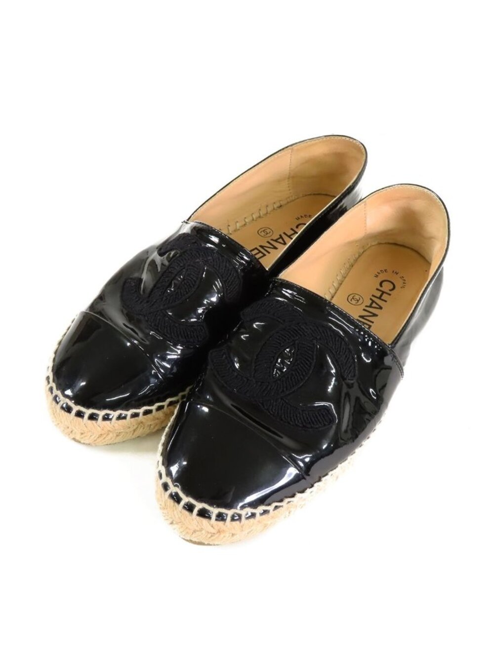 Chanel Espadrilles Black Patent Leather Jute CC Logo Slip-on